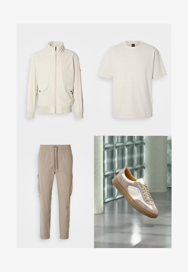 Lys beige jakke med høj krave, lynlås, to klaplommer og ribbede manchetter. Fremstillet af et blødt, glat materiale.; Kortærmet, crew-neck t-shirt i off-white bomuld med lige snit og minimal branding på kraven. Blød tekstur, uden mønstre.; Beige cargo bukser med elastisk talje og snøre. Har sidelommer og en tapered ben design, lavet af letvægtsstof.; Beige og hvid sneaker med tan sål og "BOSS" logo, ophængt over en reflekterende glat gulv med glasblokvæg i baggrunden.
