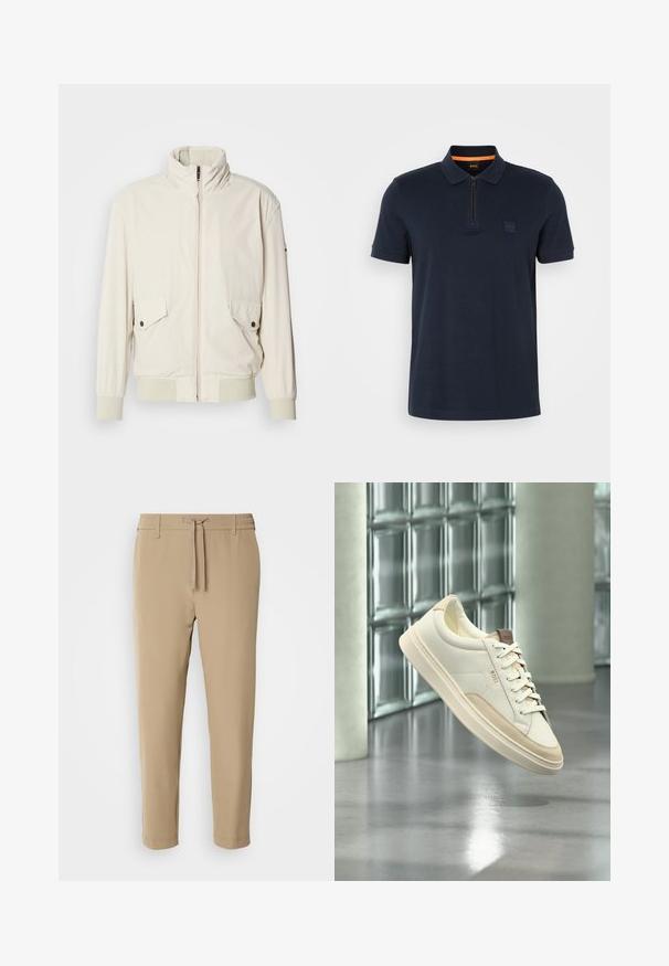 Chaqueta de color beige claro con un cuello alto, cierre de cremallera, dos bolsillos con solapa y puños acanalados. Confeccionada en un material suave y liso.; Polo de color marino con cuello con cremallera, que presenta un pequeño parche de logo en el pecho y mangas cortas. Material de mezcla de algodón con una textura suave.; Pantalones beige con corte cónico, cintura elástica y cordón ajustable. Tejido suave con un diseño limpio y sin patrones ni herrajes visibles.; Zapatilla blanca de perfil bajo con detalles y cordones beige, con la marca "BOSS", flotando sobre un suelo pulido con una pared de bloques de vidrio al fondo.