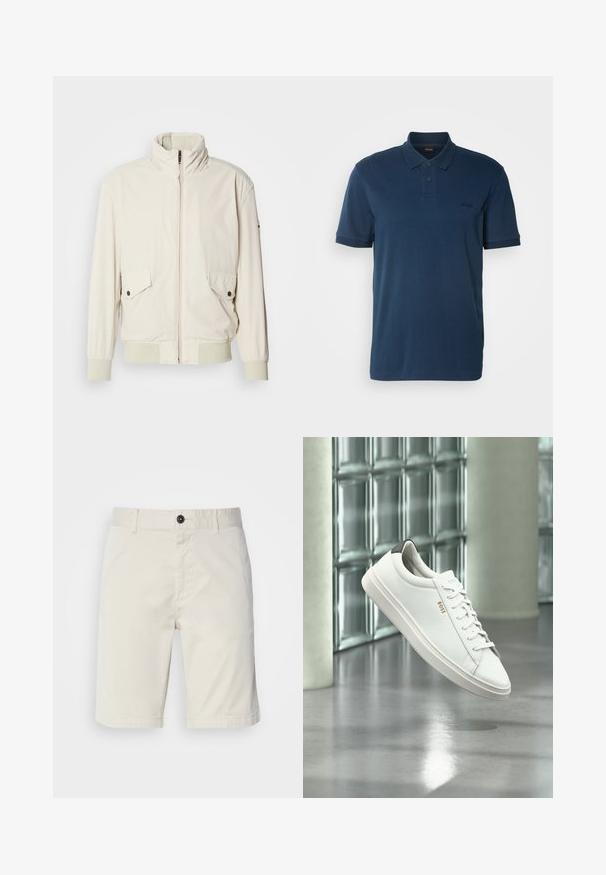 Helle beigefarbene Jacke mit hohem Kragen, Reißverschluss, zwei aufgesetzten Taschen und gerippten Bündchen. Aus einem weichen, glatten Material gefertigt.; BOSS Poloshirt - open blue; Helle beige Shorts aus Baumwolle, mit einem Knopfverschluss, Vordertaschen und abgestepptem Saum. Glatte Textur mit einem lässigen Design.; Weißer Leder-Low-Top-Sneaker mit Schnürsenkeln, schwarzer Fersenschlaufe und „BOSS“-Logo, der drinnen nahe einer Glassteinwand und einem polierten Boden schwebt.