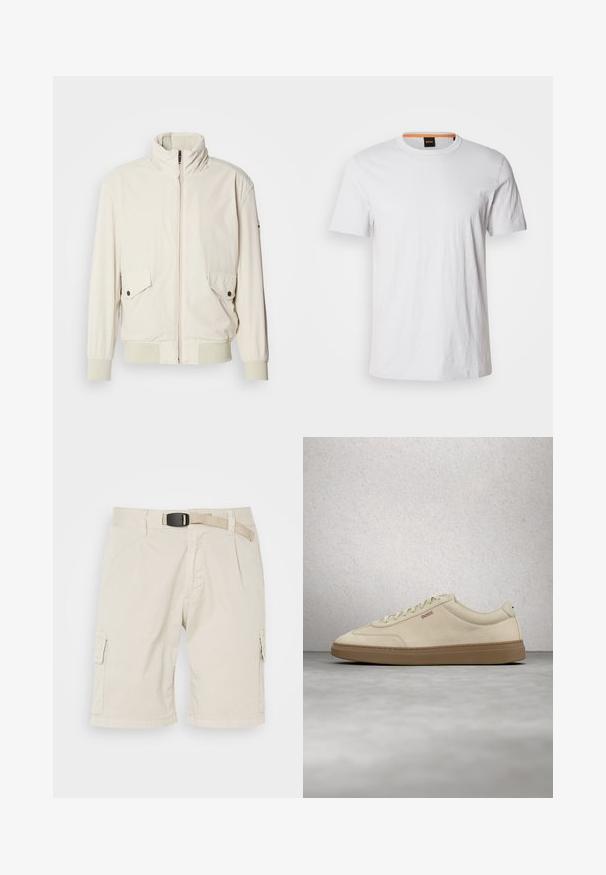 Licht beige jasje met een hoge kraag, ritssluiting, twee klepzakken en ribgebreide manchetten. Gemaakt van een zachte, gladde stof.; Witte korte mouwen t-shirt van zachte katoen, met een ronde halslijn en subtiele logo-details in bijpassend wit op de voorkant.; Beige cargoshorts met een vlakke voorkant, riemlussen, plooien, zijzakken en een gestructureerde stof. De lengte reikt tot halverwege het bovenbeen.; Lichtbeige suède sneaker met een zool van gumrubber, opvallende veters en subtiele stikdetails. Strak ontwerp met een minimalistische uitstraling.