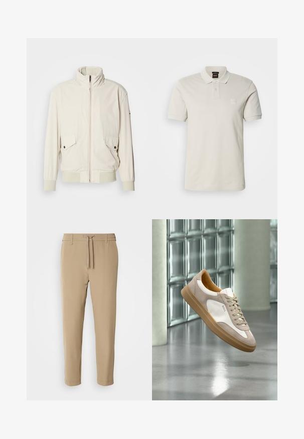 Lys beige jakke med høj krave, lynlås, to klaplommer og ribbede manchetter. Fremstillet af et blødt, glat materiale.; Lysebeige polotrøje lavet af glat bomuld, med klassisk krave, korte ærmer, to knapper og et lille logo på brystet.; Beige, tapered bukser med elastisk talje og snor. Glat stof med et rent design uden synlige mønstre eller hardware.; Beige og hvid sneaker med tan sål og "BOSS" logo, ophængt over en reflekterende glat gulv med glasblokvæg i baggrunden.