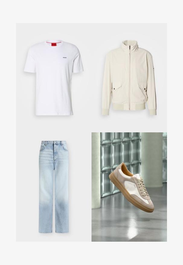 Veste beige clair avec un col haut, fermeture éclair, deux poches à rabat et des poignets côtelés. Fabriquée dans un matériau doux et lisse.; T-shirt en coton blanc à manches courtes, avec un col rond et un petit logo noir "HUGO" sur la poitrine gauche. Étiquette intérieure rouge au niveau du col.; Jeans bleu clair taille haute à jambes droites, avec poches avant, passants de ceinture et fermeture par bouton.; Baskets beige et blanches avec semelle marron clair et logo « BOSS », suspendues au-dessus d’un sol lisse et réfléchissant avec un mur en parpaings de verre en arrière-plan.