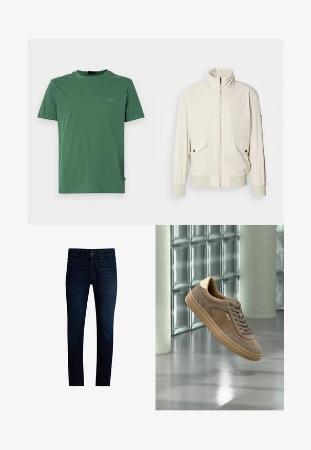 Veste beige clair avec un col haut, fermeture éclair, deux poches à rabat et des poignets côtelés. Fabriquée dans un matériau doux et lisse.; T-shirt en coton vert avec un col rond, des manches courtes et un petit logo doré sur la poitrine gauche. Texture douce, coupe régulière.; Jean slim bleu foncé avec fermeture avant par boutons et zip, style cinq poches et légère décoloration sur les cuisses.; Baskets décontractées beiges avec lacets et logo « BOSS », flottant au-dessus d’un sol en béton poli avec un mur en blocs de verre en arrière-plan.