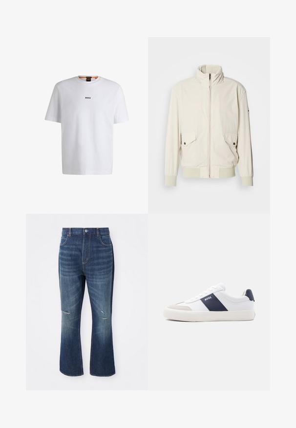Helle beigefarbene Jacke mit hohem Kragen, Reißverschluss, zwei aufgesetzten Taschen und gerippten Bündchen. Aus einem weichen, glatten Material gefertigt.; Weißes Baumwoll-T-Shirt mit kurzen Ärmeln, ausgestattet mit einem schwarzen "BOSS"-Logo, das mittig auf der Brust platziert ist, und einem runden Halsausschnitt.; Blaue Jeans im Schlagstil mit leichter Abnutzung an beiden Knien und einem Knopfverschluss an der Taille, vor einem weißen Hintergrund präsentiert.; Weißer Sneaker mit niedrigem Schaft, marineblauem Seitenstreifen, "BOSS" Logo, beiger Zehenkappe und weißer Sohle, seitlich auf hellem Hintergrund gezeigt.