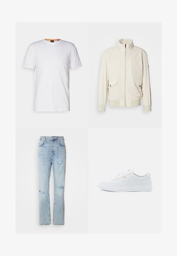 Licht beige jasje met een hoge kraag, ritssluiting, twee klepzakken en ribgebreide manchetten. Gemaakt van een zachte, gladde stof.; Witte katoenen T-shirt met ronde hals, korte mouwen en een subtiel reliëflogo op de borst. Het binnenlabel heeft een oranje accent.; Licht gewassen denim jeans met een ontspannen pasvorm, voorzien van versleten plekken en rafelige randen. De stof heeft een zachte, gladde textuur.; Witte leren sneakers met een gladde textuur, ronde neus en tonale stiksels. Voorzien van blauwe veters en een gouden logo op de zijkant.