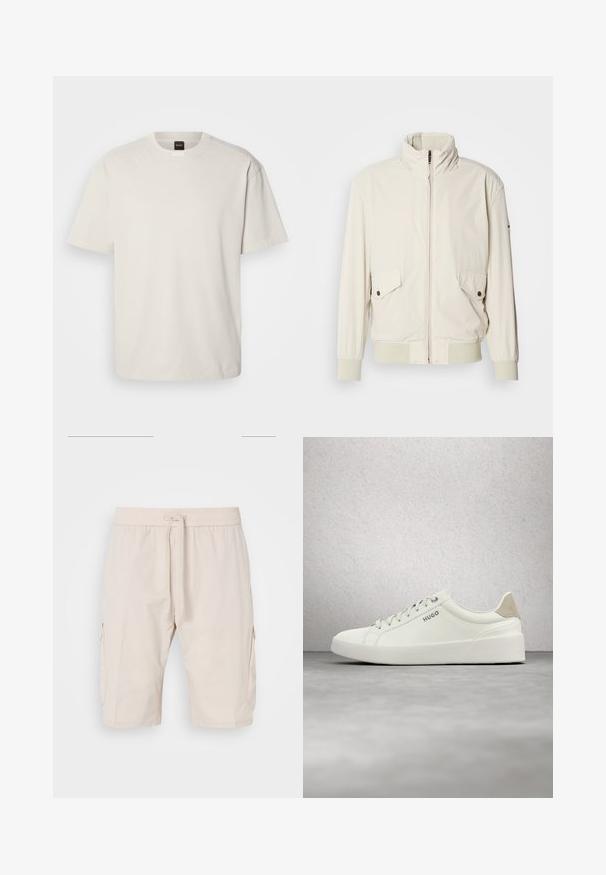Helle beigefarbene Jacke mit hohem Kragen, Reißverschluss, zwei aufgesetzten Taschen und gerippten Bündchen. Aus einem weichen, glatten Material gefertigt.; Kurzärmliges T-Shirt mit Rundhalsausschnitt aus Baumwolle in Off-White, mit geradem Schnitt und minimalem Branding am Kragen. Weiche Textur, keine Muster.; Beige Cargo-Shorts mit einem elastischen Bund und Kordelzug, ausgestattet mit zwei Seitentaschen und einem glatten, leichten Stoff.; Weißer Sneaker mit niedriger Schaftform, Schnürsenkeln und beigem Fersenlasche, mit der Marke "HUGO", schwebt über einem polierten Betonboden in der Nähe einer Glasbausteinwand.