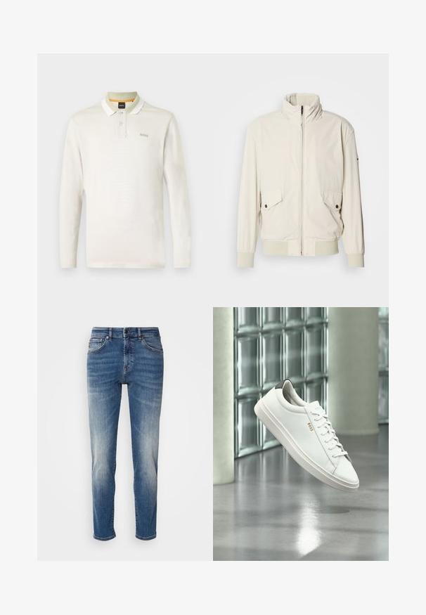 Helle beigefarbene Jacke mit hohem Kragen, Reißverschluss, zwei aufgesetzten Taschen und gerippten Bündchen. Aus einem weichen, glatten Material gefertigt.; Langärmliges Poloshirt in hellem Creme, aus weichem Baumwollmaterial. Verfügt über einen weißen Kragen, eine Zwei-Knopf-Leiste und ein dezentes Markenlogo auf der Brust.; Blaue Jeans aus Denim mit geradem Bein, leichter Ausbleichung, klassischer Fünf-Taschen-Stil und einem Reißverschluss mit Knopfverschluss.; Weißer Leder-Low-Top-Sneaker mit Schnürsenkeln, schwarzer Fersenschlaufe und „BOSS“-Logo, der drinnen nahe einer Glassteinwand und einem polierten Boden schwebt.