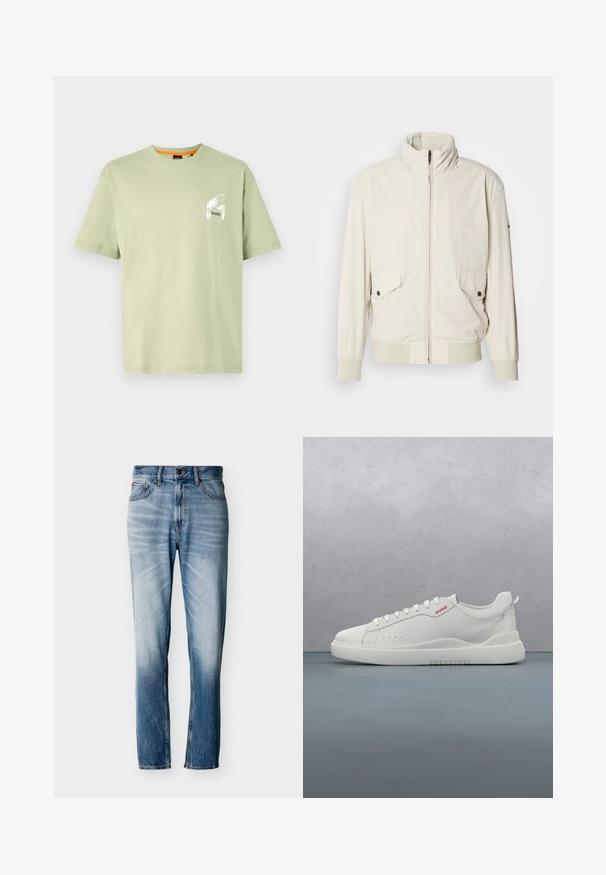 Lys beige jakke med høj krave, lynlås, to klaplommer og ribbede manchetter. Fremstillet af et blødt, glat materiale.; Lys grøn bomuld t-shirt med rund hals, korte ærmer og et hvidt logo trykt på brystlommen. Glat tekstur og afslappet pasform.; Blå falmede jeans med lige ben, fem lommer, knaplukning og bæltestropper, vist fladt på hvid baggrund.; Hvide sneakers med en glat læderfinish, rund tå, fire snørehuller, subtile perforeringer og en rød logo detalje på siden.