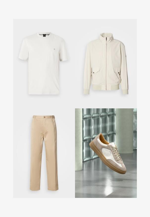 Veste beige clair avec un col haut, fermeture éclair, deux poches à rabat et des poignets côtelés. Fabriquée dans un matériau doux et lisse.; T-shirt en coton blanc avec un col rond, des manches courtes et une petite étiquette logo sur la poitrine gauche. Texture lisse, coupe régulière.; Pantalons beiges en tissu léger, avec une coupe droite, une taille avec passants de ceinture et une fermeture à bouton sur le devant.; Baskets beige et blanches avec semelle marron clair et logo « BOSS », suspendues au-dessus d’un sol lisse et réfléchissant avec un mur en parpaings de verre en arrière-plan.