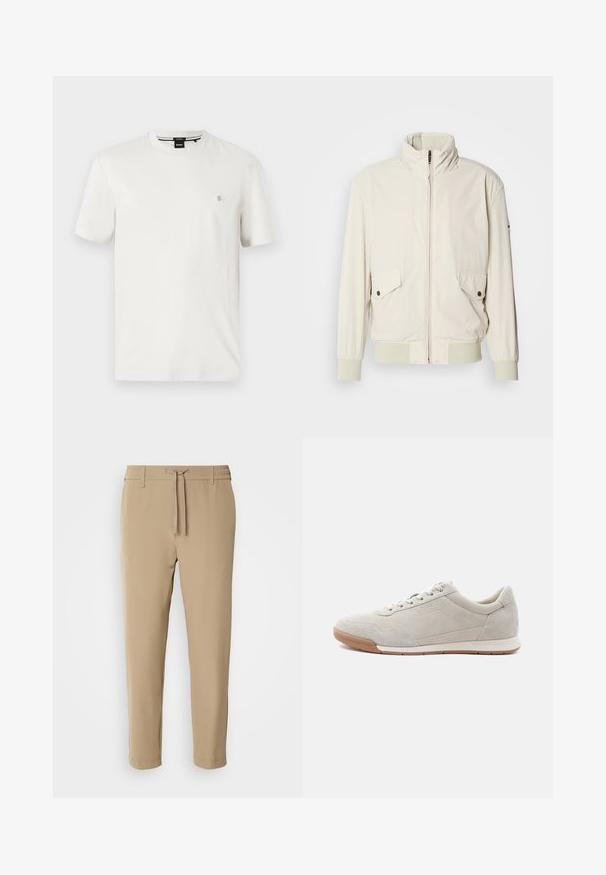 Chaqueta de color beige claro con un cuello alto, cierre de cremallera, dos bolsillos con solapa y puños acanalados. Confeccionada en un material suave y liso.; Camiseta de algodón blanca con cuello redondo, manga corta y un pequeño parche de logo en el lado izquierdo del pecho. Textura suave, corte regular.; Pantalones beige con corte cónico, cintura elástica y cordón ajustable. Tejido suave con un diseño limpio y sin patrones ni herrajes visibles.; Zapatilla de ante beige claro con cordones blancos, suela de goma y detalles sutiles de costura, vista desde el lado izquierdo sobre un fondo blanco.