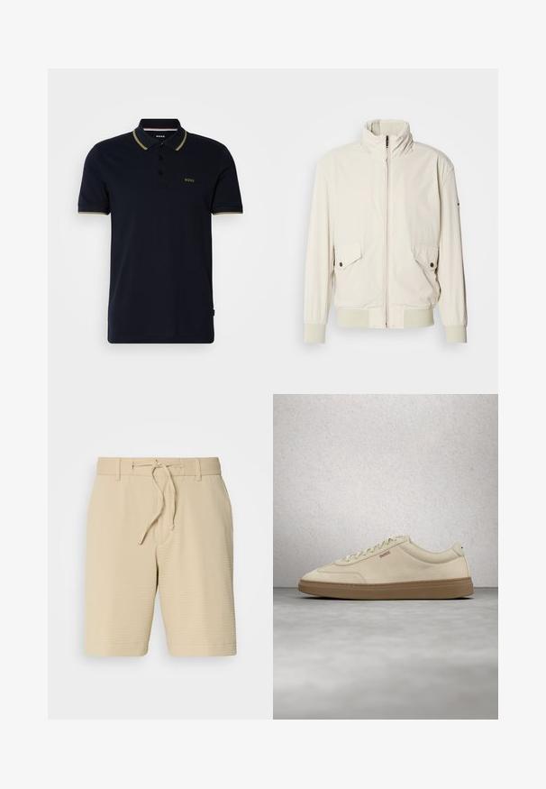Veste beige clair avec un col haut, fermeture éclair, deux poches à rabat et des poignets côtelés. Fabriquée dans un matériau doux et lisse.; Polo bleu marine en coton, avec un col à deux boutons, des manches courtes et des accents vert olive sur le col et les poignets.; Shorts beiges en tissu texturé, dotés d'une taille élastique avec cordon de serrage et de poches latérales pour plus de fonctionnalité.; Baskets en daim beige clair avec une semelle en caoutchouc gomme, des lacets prononcés et des détails de couture subtils. Design épuré avec une esthétique minimaliste.
