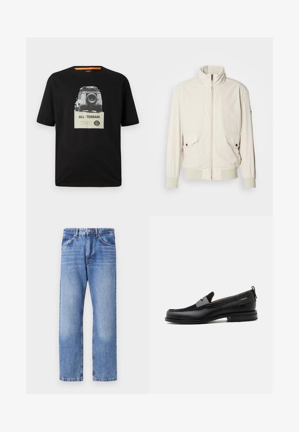 Lys beige jakke med høj krave, lynlås, to klaplommer og ribbede manchetter. Fremstillet af et blødt, glat materiale.; Sort bomulds T-shirt med rund hals, der har et grafisk print af et klassisk køretøj og teksten "ALL - TERRAIN" på brystet.; Lyseblå denimjeans med lige ben, fem lommer, kontrasttråd og en let slidt finish. Knap- og lynlåslukning.; Sort læderloafer med grå remdetalje, lav hæl og tekstureret sål, mærket med "HUGO" i guld på siden.