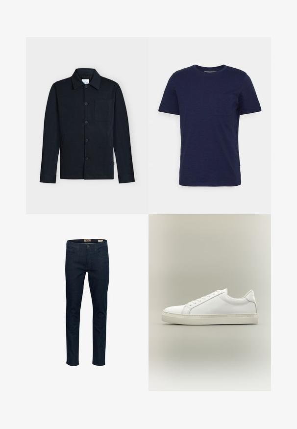 Veste bleu marine à boutons avec col, manches longues et une poche poitrine unique sur un fond neutre.; T-shirt en coton bleu marine à manches courtes, col rond et petite poche sur la poitrine. Texture douce avec un design uni.; Jean en denim bleu foncé avec une coupe slim, cinq poches et une fermeture à bouton à l'avant. Présente des coutures discrètes et une texture lisse.; Baskets blanches basses à lacets sur l’avant et semelle épaisse, vues de côté sur un fond neutre.
