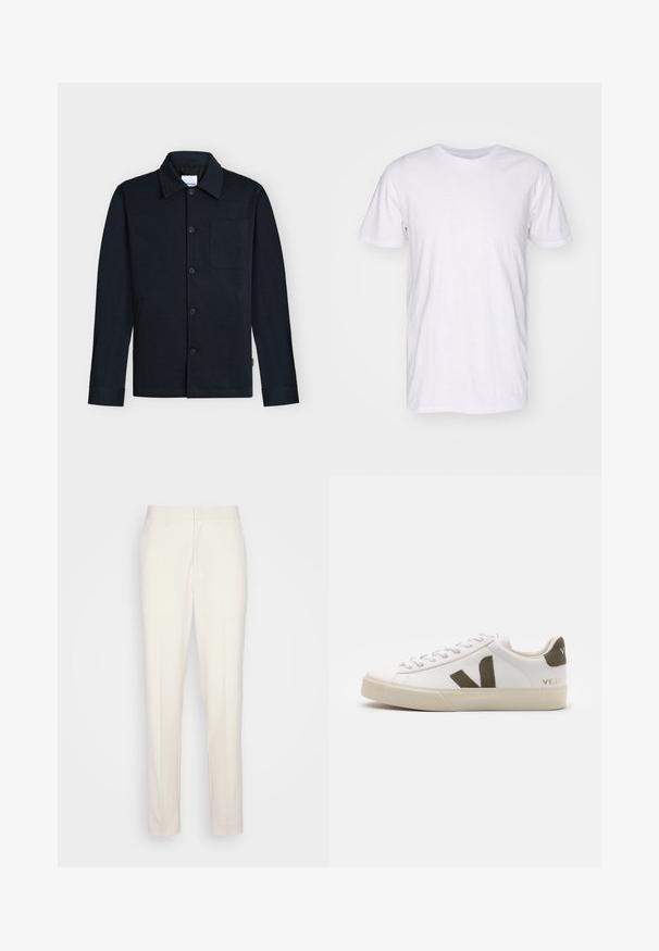 Marineblauwe blousejas met knopen, kraag, lange mouwen en een enkele borstzak op een neutrale achtergrond.; Selected SLHASPEN SLUB TEE - T-shirt basic - bright white; Crème-kleurige op maat gemaakte broeken met een rechte snit, gemaakt van textuurstof. Voorzien van riemlussen en een ritssluiting aan de voorkant.; Witte leren sneakers met een lichtbeige rubberen zool. Voorzien van een bruine suède V-logo en hieltab. Gespsluiting met een gestructureerd oppervlak.