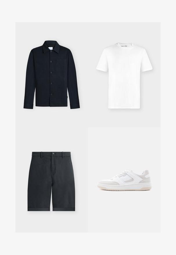 Chaqueta azul marino con botones, con cuello, mangas largas y un único bolsillo en el pecho sobre un fondo neutro.; Camiseta blanca lisa de manga corta con cuello redondo, mostrada de frente sobre un fondo gris claro, sin logotipos visibles.; Pantalones cortos negros hasta la rodilla con dobladillos vuelta, cierre con botón, trabillas para cinturón y diseño frontal plano sobre un fondo blanco liso.; Zapatilla de perfil bajo en blanco y beige claro con cierre de cordones, cuello acolchado y suela de goma sobre un fondo claro y liso.