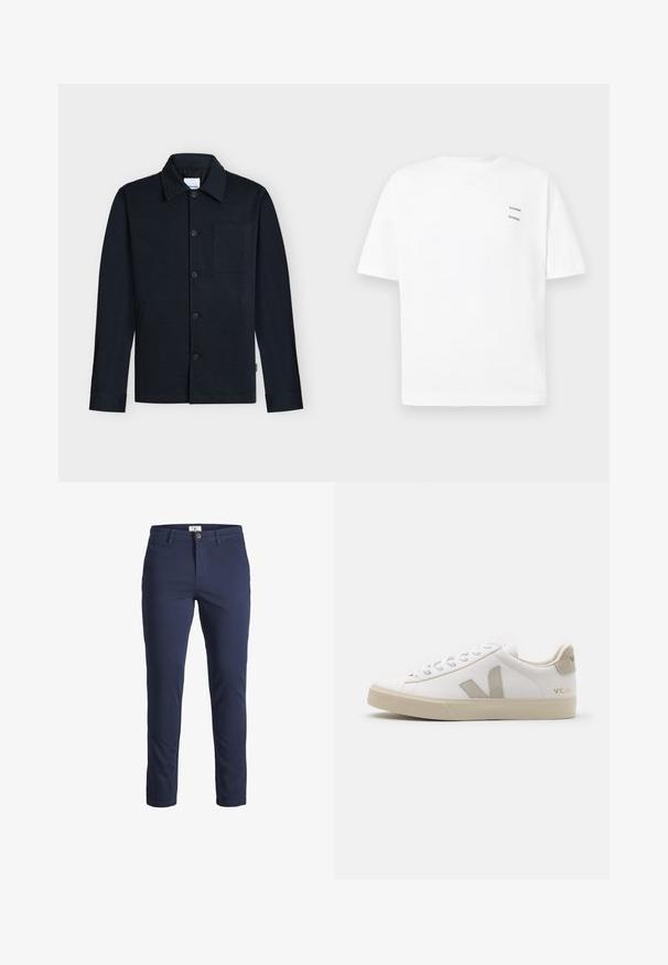 Marineblauwe blousejas met knopen, kraag, lange mouwen en een enkele borstzak op een neutrale achtergrond.; Witte katoenen t-shirt met een relaxed fit, korte mouwen en een V-hals. Bevat twee kleine zwarte bedrukte logo's aan de linkerkant.; Marineblauwe katoenen broek met een slim fit, voorzien van een knoopsluiting, riemlussen en twee ontwerpkwestie. Soepele textuur, minimale details.; Witte leren sneaker met beige accenten, platte rubberen zool, ronde neus en contrasterend logo aan de zijkant en achterkant. Vetersluiting.