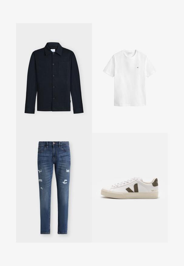 Veste bleu marine à boutons avec col, manches longues et une poche poitrine unique sur un fond neutre.; T-shirt blanc à manches courtes avec col rond, petit logo bouclier brodé sur la poitrine gauche et étiquette GANT à l'intérieur du col.; Jean skinny en denim bleu avec légère décoloration et zones usées aux cuisses et aux genoux, fermeture avant par bouton et zip, design cinq poches.; Baskets en cuir blanc avec une semelle en caoutchouc beige clair. Présentent un logo en V en daim marron et une languette de talon. Fermeture à lacets avec une surface texturée.