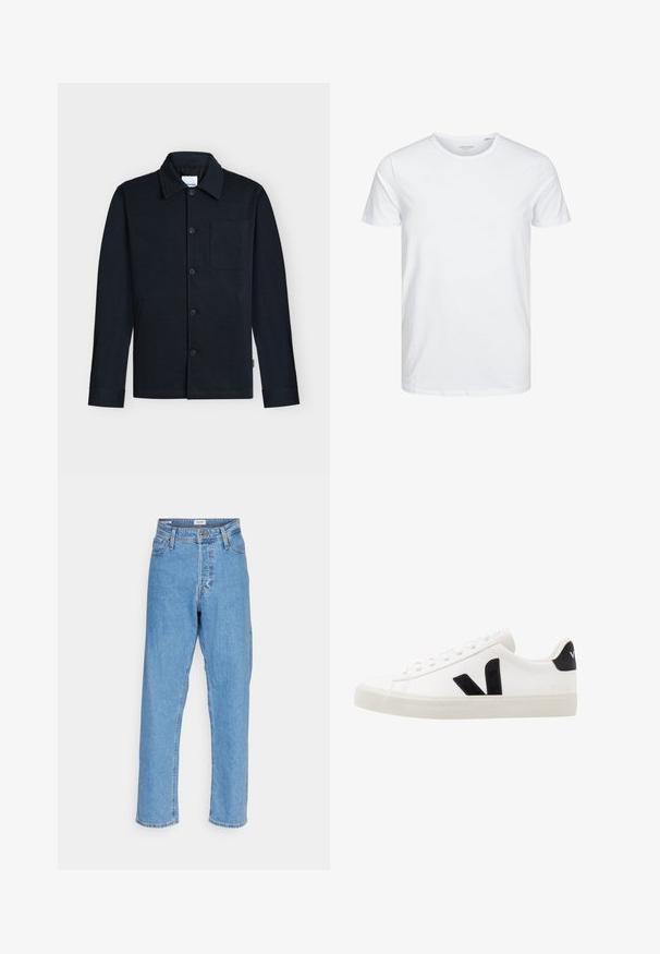 Marineblauwe blousejas met knopen, kraag, lange mouwen en een enkele borstzak op een neutrale achtergrond.; Ronde hals kortemouwen t-shirt in effen wit, gemaakt van zachte katoen, heeft een eenvoudig ontwerp zonder zichtbare patronen of accenten.; Lichtblauwe high-waisted recht gesneden jeans met een voorste knoop, ritssluiting, riemlussen en een vijf-pocket ontwerp op een witte achtergrond.; Witte leren sneaker met zwarte suède accenten; voorzien van een rubberen zool, ronde neus en een klassieke vetersluiting. Zijkant met logo in het zwart.