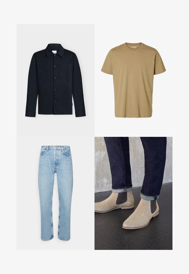 Marineblaue Hemdjacke mit Kragen, langen Ärmeln und einer einzelnen Brusttasche auf neutralem Hintergrund.; Einfarbiges beiges Kurzarm-T-Shirt mit Rundhalsausschnitt ohne sichtbare Muster oder Logos auf weißem Hintergrund.; Hellblaue Jeans aus Denim mit geradem Schnitt, hoher Taille, fünf Taschen-Design und sichtbaren Nähten an den Nähten und Säumen.; Hellbeige Wildleder-Chelsea-Stiefel mit dunklen elastischen Seitenteilen, getragen zu dunklen hochgekrempelten Jeans auf einem schwarzen gesprenkelten Boden.