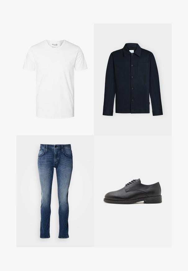Chaqueta azul marino con botones, con cuello, mangas largas y un único bolsillo en el pecho sobre un fondo neutro.; Camiseta blanca lisa de manga corta con cuello redondo, hecha de algodón orgánico, con etiqueta Selected Homme, talla grande.; Jeans de mezclilla azul con acabado desgastado, diseño de cinco bolsillos, corte recto y detalles de costura. Cierre sencillo con botón y cremallera.; Zapato oxford de cuero negro con punta redonda, que presenta un acabado suave, cierre de cordones con cinco ojales y un tacón bajo apilado.