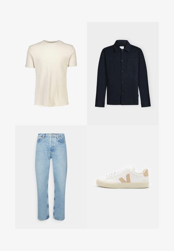 Marineblå skjortejakke med krave, lange ærmer og en enkelt brystlomme på en neutral baggrund.; Kortærmet T-shirt i lyse beige, lavet af blødt bomuld. Har en rund halsudskæring og en glat tekstur uden mønstre eller grafik.; Lyseblå denimjeans med lige snit, høj talje, fem-lomme design og synlige strikdetaljer ved sømmene og sømmen.; Hvide sneakers med beige detaljer, glat lædermateriale, rund tå, flad gummisål og snørebånd foran med et logo på hælen.