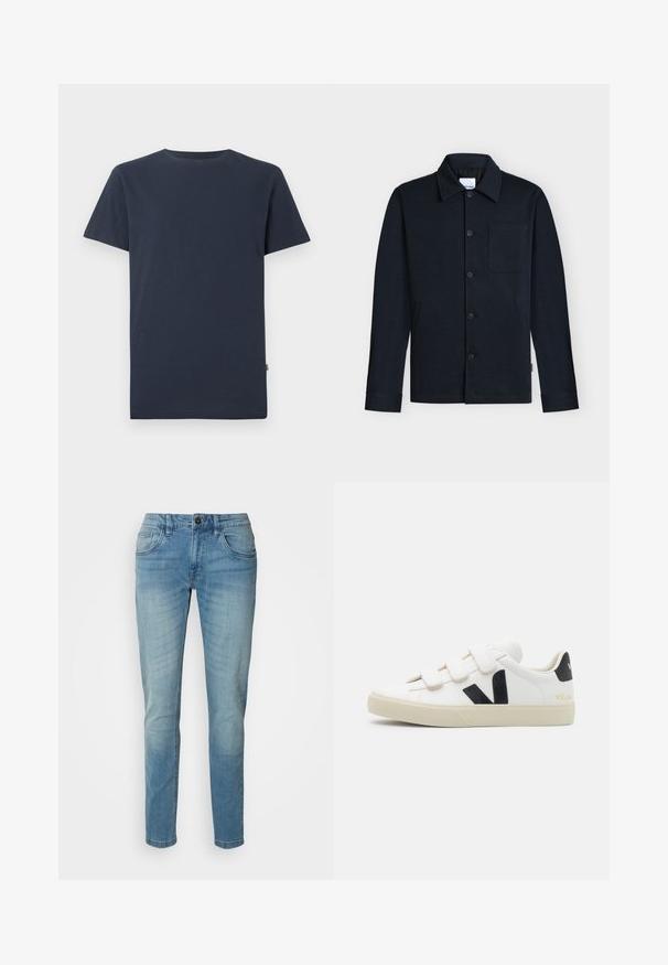 Marineblaue Hemdjacke mit Kragen, langen Ärmeln und einer einzelnen Brusttasche auf neutralem Hintergrund.; Schlichtes dunkelnavyblaues T-Shirt mit kurzen Ärmeln und Rundhalsausschnitt, innen im Kragen mit kleinem weißem SELECTED-Label.; Hellblaue Denim-Jeans, gerade geschnitten, mit einem Fünf-Taschen-Design, ausgestattet mit einem Knopfverschluss und dezenten Ausbleichungen für Textur und Details.; Weißer Sneaker mit schwarzen Akzenten und Klettverschluss. Verfügt über ein strukturiertes Lederobermaterial, eine cremefarbene Gummisohle und ein Logo an der Ferse.