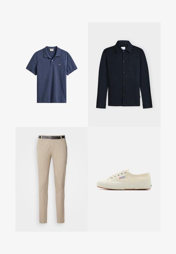 Marineblauwe blousejas met knopen, kraag, lange mouwen en een enkele borstzak op een neutrale achtergrond.; Marineblauw poloshirt met korte mouwen, kraag, twee knoppen aan de voorzijde en een klein geborduurd logo op de linkerborst.; Beige chinos met een slim fit, vervaardigd van zacht katoen. Voorzien van een zwarte gestructureerde riem, twee zijzakken en een gladde afwerking.; Beige canvas sneaker met een laag profiel, metalen oogjes en rubberen zool. Beschikt over een textuurpatroon en logodetail aan de zijkant.