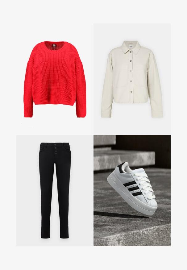 Lys beige cropped jakke lavet af bomuld, med en knaplukning foran, to brystlommer og en klassisk krave. Tekstureret stof med en afslappet pasform.; Rød strikket sweater med rund halsudskæring, sænkede skuldre og ribbet kant. Har et struktureret, chunky mønster over det hele.; Sorte denim jeans med slim fit, fem lommer og knappelukning. Har en glat tekstur og rene linjer.; Hvid sneaker med sorte striber og snørebånd svævende over betontrapper, der viser siden og fronten af skoen.