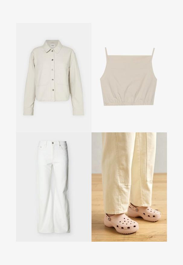 Lys beige cropped jakke lavet af bomuld, med en knaplukning foran, to brystlommer og en klassisk krave. Tekstureret stof med en afslappet pasform.; Beige cropped top med tynde stropper. Lavet af blødt, strækbart stof med en samlet fald. Glat tekstur uden synlige mønstre.; Hvide jeans med høj talje og lige ben, med forreste knap, lynlåslukning samt sidelommer og baglommer, mod en ensartet lys baggrund.; Lyserøde trædestøvler lavet af gummi, med ventilationshullerne, en kontureret form og en struktureret sål for greb. Bæres med lyse beige bukser.