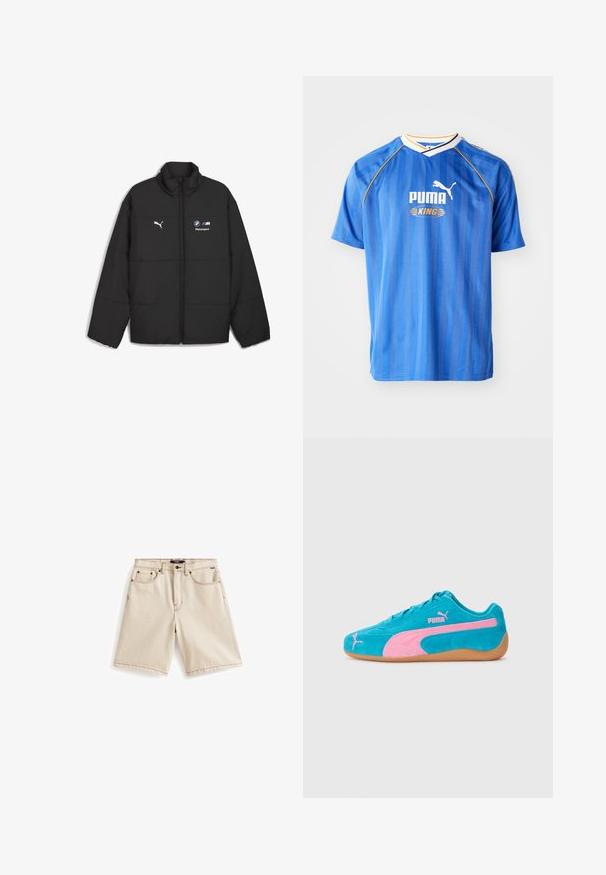 Zwarte pufferjack met een hoge kraag, rits aan de voorkant en witte Puma- en BMW Motorsport-logo's op de borst, met een horizontale gestikte ontwerp.; Blauwe voetbalshirt met korte mouwen, voorzien van verticale strepen, witte en gele accenten, en een logo met een poema. Lichtgewicht, ademend materiaal.; Beige denim shorts met een rechte snit, voorzien van oranje stiksels, vijf zakken en een bovenste knoopsluiting. Klassiek ontwerp, veelzijdige stijl.; Suede sneakers in helderblauw met roze accenten en een gumrubberen zool. Beschikt over een vetersluiting en geborduurd logo detail.