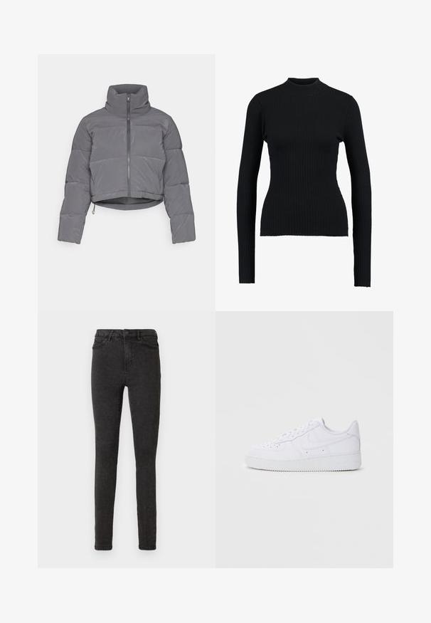 ONLY ONLLIVIA PUFFER JACKET - Veste d'hiver - phantom; Pull à col roulé noir à côtes, avec manches longues et une coupe ajustée, présentant une texture lisse et une silhouette structurée.; Jean skinny noir en denim, avec une taille haute, cinq poches et une texture subtile. Lavable en machine avec une braguette à fermeture éclair.; Baskets blanches Nike Air Force 1 avec tige en cuir, bout rond, fermeture à lacets, col rembourré et semelle en caoutchouc texturé.