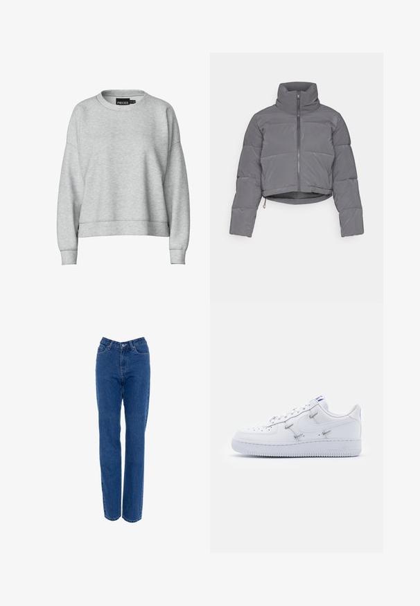 ONLY ONLLIVIA PUFFER JACKET - Vinterjakker - phantom; Grå sweatshirt med rund halsudskæring og nedskuldrede skuldre. Fremstillet af blødt stof, har en cropped design og ribbede manchetter. Enkel mærkat ved kraven.; Højtaljede blå denim jeans med lige ben, fem lommer og metal knaplukning. Har et klassisk stikmønster og ingen slid.; Nike Sportswear AIR FORCE 1 - Sneakers - white/hyper royal/black
