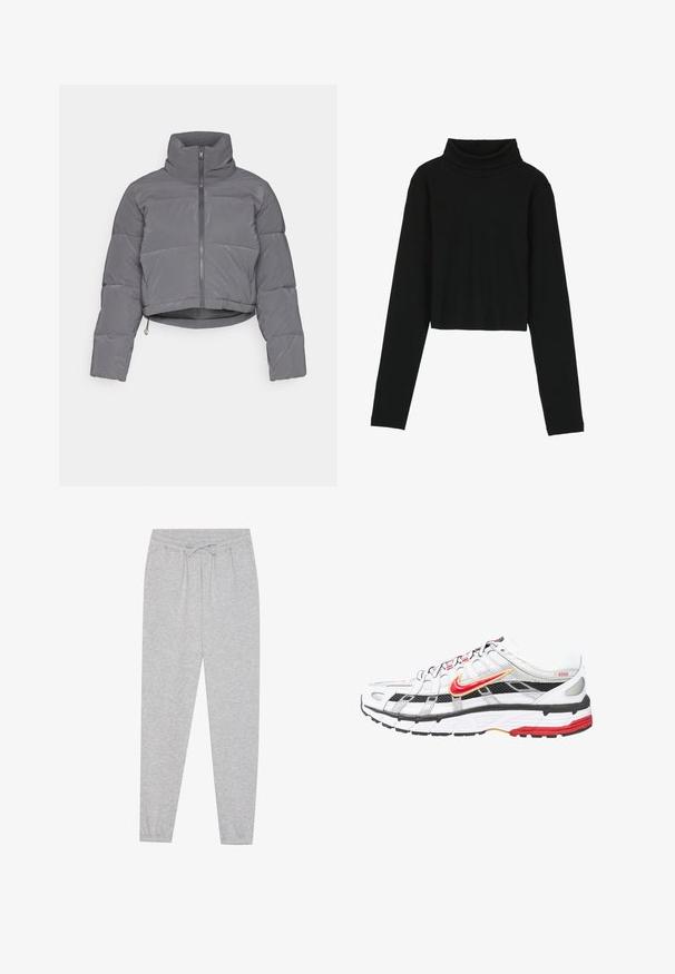 ONLY ONLLIVIA PUFFER JACKET - Talvejope - phantom; Even&Odd Pikkade varrukatega topp - black; Hallid hallid dressipüksid pehme tekstuuriga, elastse paelaga vööl ja nöörikujundusega. Kitsenev jalgade disain, millel on juurde sobiv lõige.; Valged ja mustad sportlikud jalanõud punaste ja kuldsete akcentidega. Omavad võrgusilma ülemist osa, pehmendatud tallat ja kindlat paelaga kinnitust.