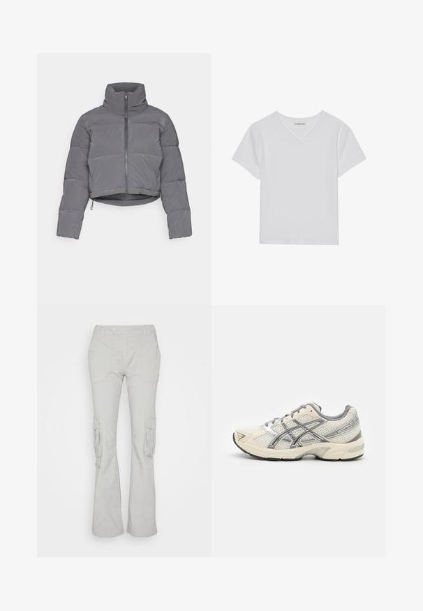ONLY ONLLIVIA PUFFER JACKET - Zimná bunda - phantom; Biely krátky rukáv V-krčný tričko vyrobené z rebrovanej tkaniny. Má čistý dizajn s rovnými okrajmi a minimálnym detailovaním.; Cotton On BOOTLEG PANT - Kapsáče - slate; Bežecké topánky s priedušným bielym sieťovaným zvrškom, striebornými akcentami, šedými šnúrkami a odolnou čiernou gumovou podrážkou. Ľahký, polstrovaný dizajn.