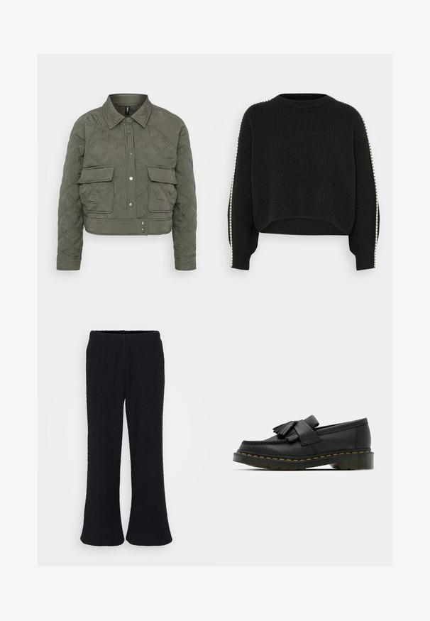 Quiltet cropped jakke i olivengrønt stof, udstyret med knaplukning foran, to brystlommer og diamantmønstre på overfladen.; Sort striktrøje med ribbet struktur, cropped design og lange ærmer. Har kontrasterende hvide accenter langs sidesømmene.; Sorte, flagrende bukser med et tekstureret stof og elastisk talje. Designet er i fuld længde med en blød finish.; Sorte læder loafers med rund tå, der har frynse detaljer og et dekorativt bånd på tværs af fronten, sat på en kraftig hæl.