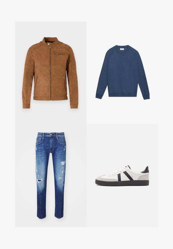 Beige Wildlederjacke mit Stehkragen, vorderem Reißverschluss, zwei Seitentaschen und einer mit Reißverschluss versehenen Brusttasche. Glatte Textur, minimalistische Gestaltung.; Langärmliges, blaues Crewneck-Sweatshirt mit Raglanärmeln, gerippten Bündchen und Saum sowie einem kleinen gestickten "X"-Detail unterhalb des Kragens.; Dunkelblaue Jeans aus Denim mit Rissen, Fünf-Taschen-Design und dezentem Ausbleichen. Gerade Passform mit sauberen Nähten.; Weiße Sneaker mit schwarz- und grau-aczenten, ausgestattet mit einer strukturierten grauen Zehenkappe, schwarzer Gummi-Sohle und flachen weißen Schnürsenkeln. Sauberes Design, minimalistische Stil.