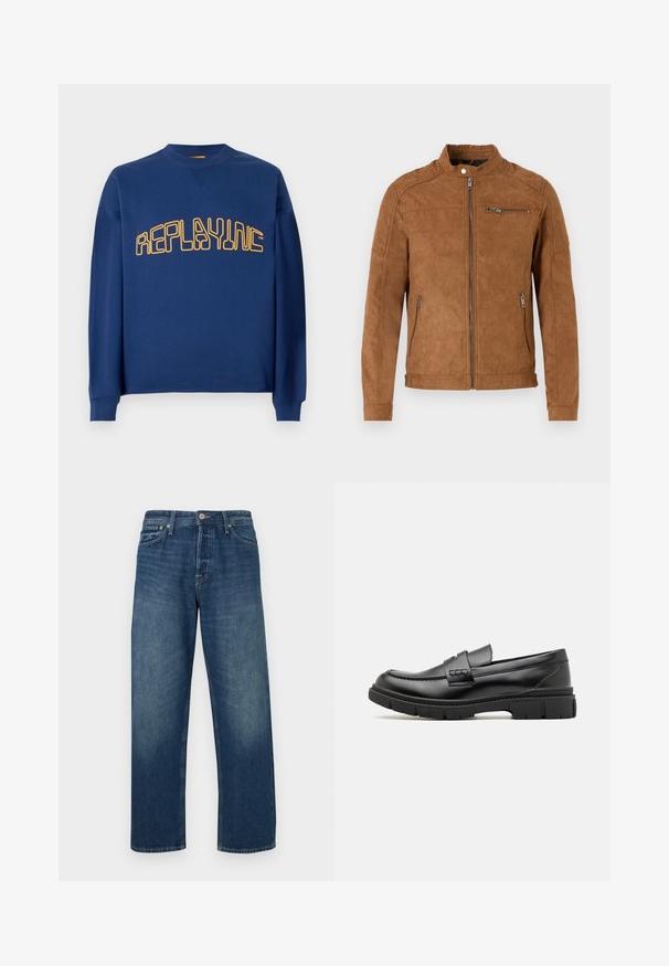 Beige Wildlederjacke mit Stehkragen, vorderem Reißverschluss, zwei Seitentaschen und einer mit Reißverschluss versehenen Brusttasche. Glatte Textur, minimalistische Gestaltung.; Navyblauer Rundhalsausschnitt-Pullover mit langen Ärmeln und gelbem, stilisiertem "REPLAYINC"-Text auf der Brust.; Dunkelblaue Jeans aus Denim mit geradem Bein, ausgestattet mit einem klassischen Knopfverschluss und einem Five-Pocket-Design. Dezente Verblassungen an der Vorderseite.; Schwarze Lederloafer mit einem breiten Riemen über dem Rist, Gummisohle mit dicken Profilen und glatter Textur. Klassisches, schlankes Design.