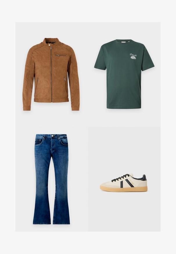 Tan ruskindsjakke med ståkrave, frontlynlås, to sidelommer og en brystlomme med lynlås. Glat tekstur, minimalistisk design.; Mørkegrøn kortærmet t-shirt med hvid tekst "Diavola" og et pizza slice grafik på venstre bryst.; Udsvingede blå denim jeans med en mellemwash, der har fem lommer, en knaplukning og synlig syning. Glat tekstur med let falmning.; Casual sneakers i creme med sorte striber, med en tekstureret overdel og sål i gummigummi. Snørebåndene er sorte. Diskret logo på siden.