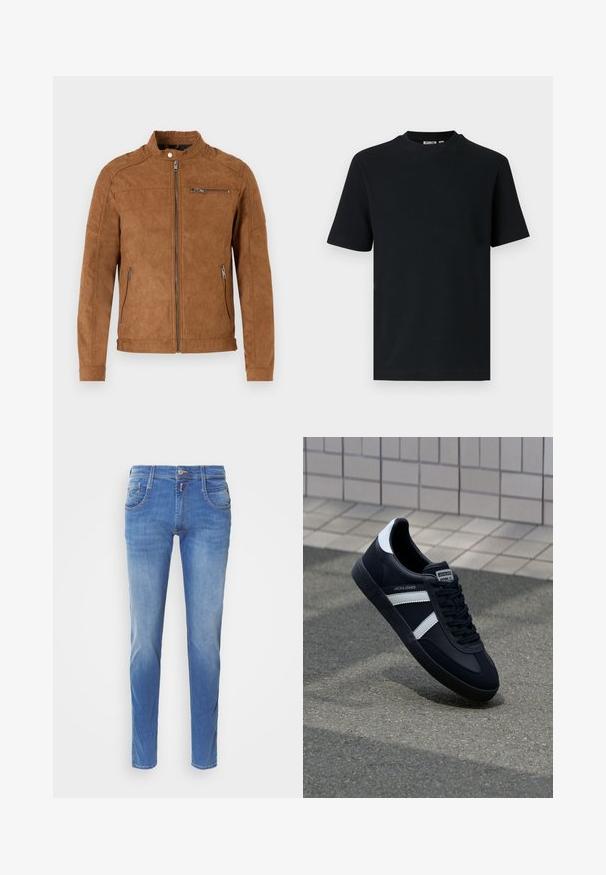 Beige Wildlederjacke mit Stehkragen, vorderem Reißverschluss, zwei Seitentaschen und einer mit Reißverschluss versehenen Brusttasche. Glatte Textur, minimalistische Gestaltung.; Schwarzes, kurzärmeliges, geripptes Strick-T-Shirt mit Rundhalsausschnitt und einem kleinen, sichtbaren Etikett im Krageninnenteil.; Blaue Denim-Jeans mit slim fit. Sie verfügen über fünf Taschen, einen Frontknopfverschluss und leichte Abnutzungen an den Beinen. Gerade Beinschnitt.; Schwarze Leder-Sneaker mit weißen Streifen, strukturiertem Gummisohle und Schnürung. Verfügt über ein Markenetikett auf der Zunge.
