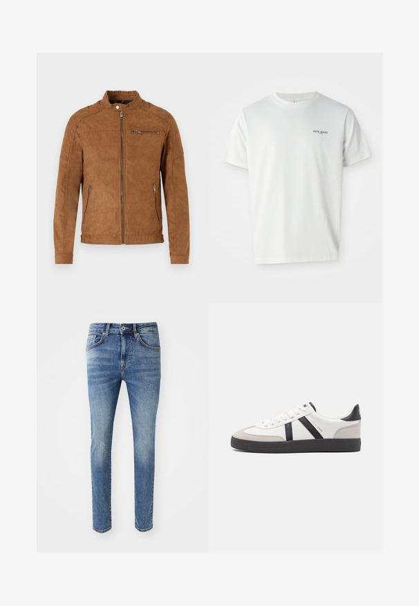 Tan suède jas met een staande kraag, ritssluiting aan de voorkant, twee zijzakken en één ritszak op de borst. Gladde textuur, minimalistisch ontwerp.; Witte katoenen t-shirt met een ronde halslijn en korte mouwen, met een klein marineblauw logo met de tekst "PEPE JEANS LONDON" op de borst.; Vervaagde lichtblauwe denim jeans met een slim fit, vijf zakken, een ritssluiting en een metalen knoopsluiting aan de tailleband.; Witte sneaker met zwarte en grijze accenten, voorzien van een grijze neus met textuur, zwarte rubberen zool en platte witte veters. Schoon ontwerp, minimalistische stijl.