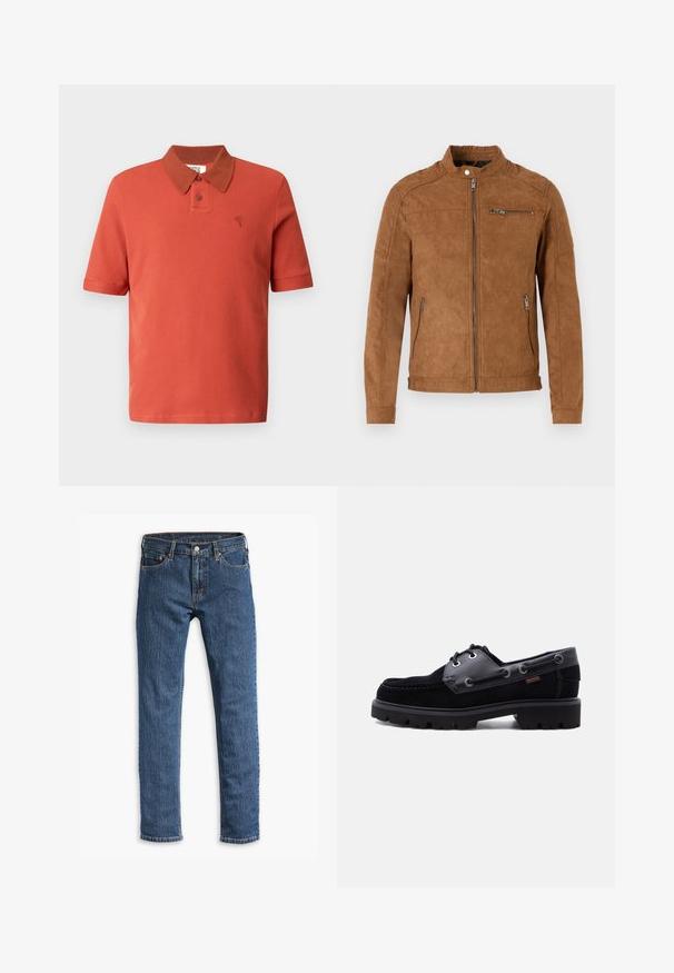 Veste en daim beige avec col montant, fermeture éclair à l'avant, deux poches latérales et une poche poitrine zippée. Texture lisse, design minimaliste.; Polo à manches courtes rouge brique, tissu texturé, avec un col marron contrastant, deux boutons et un logo brodé.; Jean en denim bleu à jambe droite avec cinq poches et fermeture à bouton, présenté à plat sur un fond blanc.; Chaussure bateau en cuir noir et daim avec semelle crantée épaisse, œillets pour lacets et couture latérale sur fond clair uni.