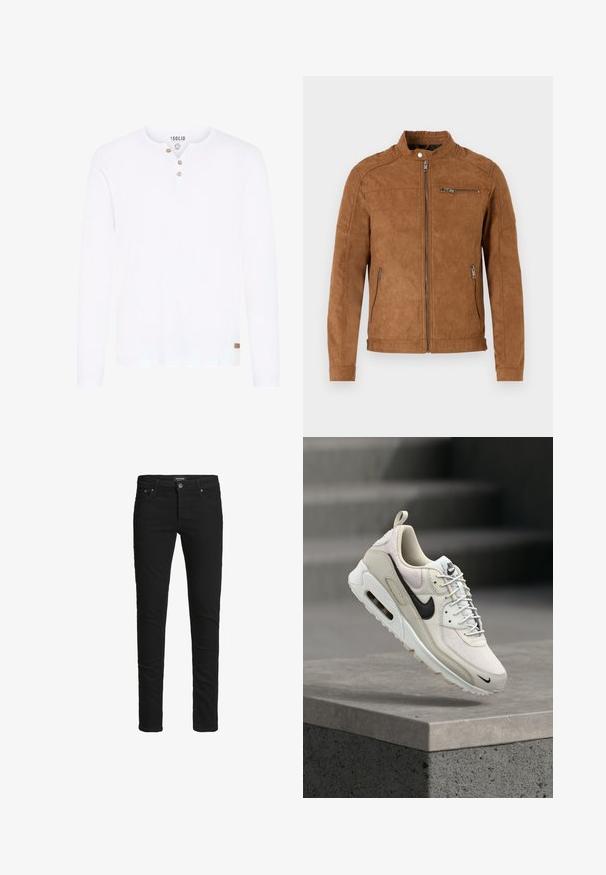 Chaqueta de ante marrón claro con cuello alzado, cierre frontal de cremallera, dos bolsillos laterales y un bolsillo en el pecho con cremallera. Textura suave, diseño minimalista.; Camisa de manga larga blanca hecha de algodón con un cuello henley abotonado y una pequeña etiqueta de logo marrón en el dobladillo. Textura suave.; Jeans negros ajustados con cinco bolsillos, cierre de botón y ansias para cinturón, etiquetados como Jack & Jones.; Zapatilla Nike Air Max en beige y blanco con logo swoosh negro, cordones blancos y suela con amortiguación visible de aire, descansando sobre un bloque de cemento.