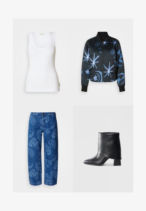 Veste bomber noire en tissu lisse, ornée de motifs abstraits de étoiles et de lune bleus. Comprend des manches élastiques et une fermeture éclair.; Débardeur blanc côtelé avec un col rond dégagé et des bretelles larges. Présente une étiquette logo sur l'ourlet latéral. Confectionné en tissu doux et extensible.; Jean en denim bleu avec un motif paisley dans une teinte plus claire. Comprend une fermeture avant à bouton et zip, un design à jambes larges et un style standard à cinq poches.; Bottine en cuir noir à bout pointu, texture lisse et talon bloc structuré. Elle se distingue par un design de revers haut et plié.
