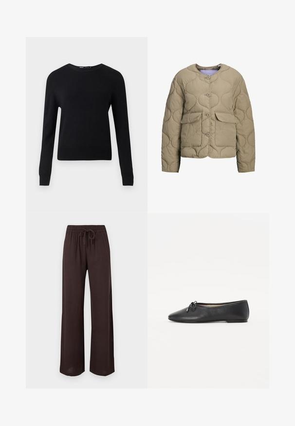 Beige quiltet jakke med rund halsudskæring, frontknapper og to påsyede lommer. Har en puf-tekstur og en afslappet pasform.; Sort langærmet rundhalset sweater med ribstrikkede manchetter og kant, vist mod en ensartet lysegrå baggrund.; Mørkebrune vide bukser med elastisk talje og snor foran, vist på en ensfarvet lys baggrund.; Sort læder balletflade med en rund toe og en dekorativ sløjfe detalje. Designet har en glat tekstur og en lav, flad hæl.