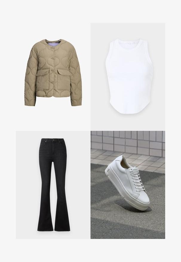 Béžová prešívaná bunda s okrúhlym výstrihom, prednými gombíkmi a dvoma vreckami. Má nadýchanú textúru a voľný strih.; Good American MICRO TANK - Top - white; Čierne rozšírené džínsy z denimu, s vysokým pásom, prednými vreckami a klasickým dizajnom piatich vreciek s kovovými gombíkmi.; Biele kožené tenisky s nízkym strihom, plochými šnúrkami, zaoblenou špicou a textúrovanými stranami. Hrubá gumová podrážka s jemnými akcentmi.