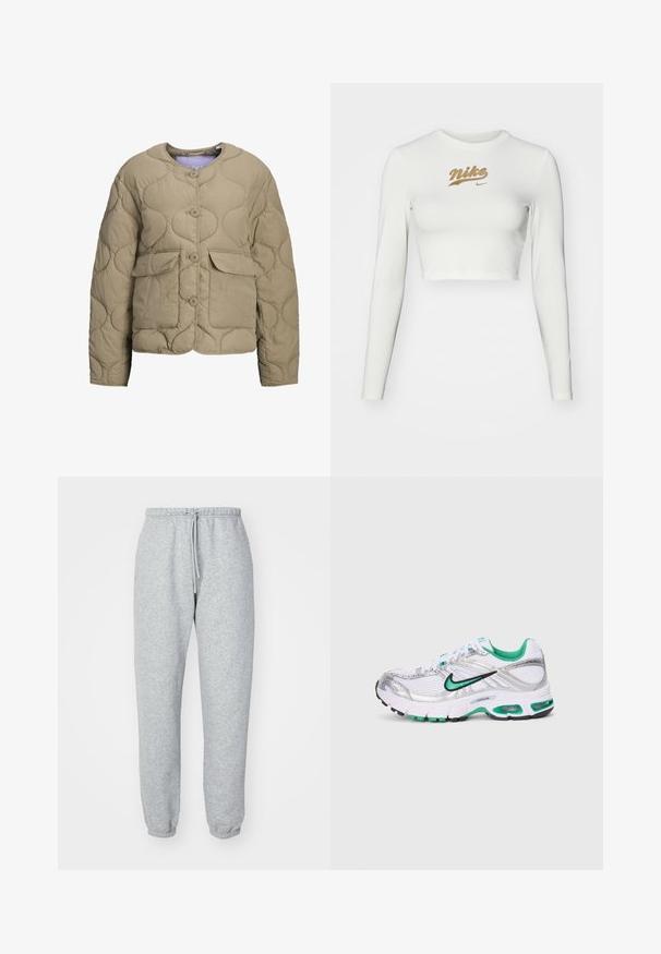Beige gewatteerde jas met een ronde halslijn, knopen aan de voorkant en twee opgestikte zakken. Heeft een puffy textuur en een relaxte pasvorm.; Witte langemouwen crop top van een soepele stof, met een gouden Nike-logo op de borst en een klassieke ronde hals.; Grijze sweatpants gemaakt van zachte, gestructureerde stof. Voorzien van een elastische tailleband met koord, taps toelopende enkels en zonder zichtbare patronen of logo's.; Nike hardloopschoen in wit, zilver en groen. Bevat mesh en synthetische materialen, een gevoerde kraag en een gevoerde zool met zichtbare luchtunits.