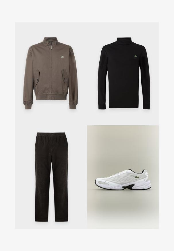 Chaqueta marrón con cremallera y cuello alzado, bolsillos con solapa abotonados, puños y dobladillo acanalados, y pequeño logo de cocodrilo verde en el pecho.; Suéter negro de cuello alto de manga larga, fabricado en suave algodón, con un pequeño logo de cocodrilo verde en el lado izquierdo del pecho.; Pantalones de pana negra con un diseño de pierna recta, que presentan una cintura elástica y un cierre de un solo botón. Textura suave, detalles mínimos.; Zapatilla deportiva blanca con parte superior de malla texturizada, diseño curvado y suela exterior negra en contraste. Presenta un logo verde bordado en el lateral.