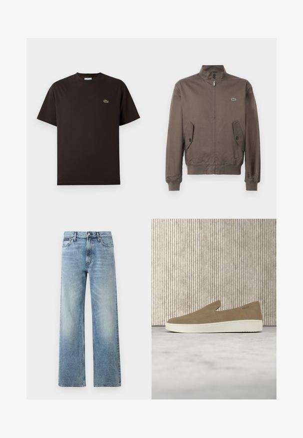 Bruine ritssluitingjack met staande kraag, knoopflapzakken, ribgebreide manchetten en onderrand, en een klein groen krokodillenlogo op de borst.; Bruine T-shirt met korte mouwen van katoen. Heeft een subtiele groene geborduurde krokodillogo op de linkerborst. Klassiek ontwerp met ronde hals.; Lichtblauwe denim jeans met rechte pijpen, een hoge taille, vijf zakken, knoopsluiting en subtiele vervaging op de dijen en knieën.; Beige instapper met witte zool, zwevend in de lucht boven een licht tapijt met amberkleurig transparant meubilair op de achtergrond.