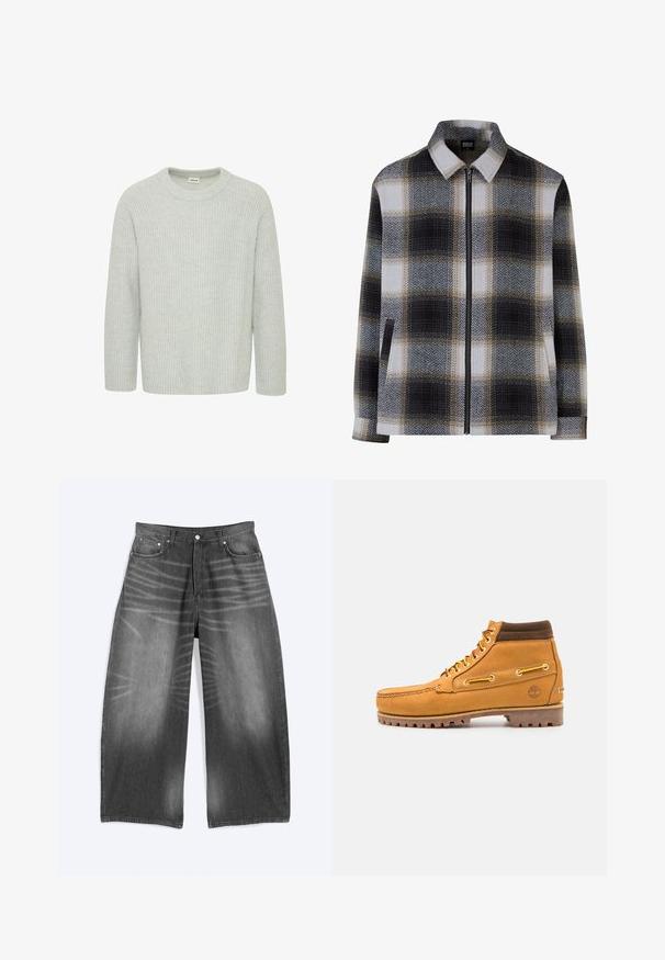 Chaqueta con cuello en un patrón de cuadros, que presenta tonos de negro, blanco y beige. Cierre con cremallera y dos bolsillos laterales. Textura suave.; Suéter de punto acanalado gris claro con escote redondo y mangas de tres cuartos, que presenta un patrón texturizado y un ajuste holgado.; Vaqueros de denim negro desteñido de pierna ancha con bolsillos delanteros y cierre de botones, mostrados planos sobre un fondo claro.; Timberland AUTHENTIC MID LACE BOOT - Botines con cordones - wheat