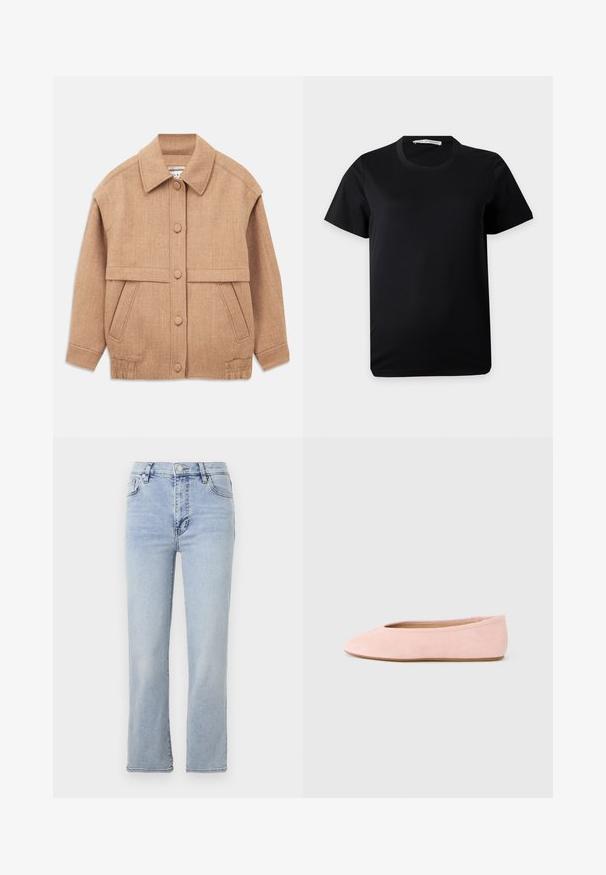 Lysbrun uldblandet jakke med krave, knaplukning, to forlommer og en let oversized pasform med opfoldede ærmer.; Enkelt sort t-shirt med korte ærmer og rund hals lagt fladt på en hvid baggrund med en synlig mærkeetiket inde i kraven.; Lys blå denim jeans med lige ben-design, fem lommer, en knap- og lynlåslukning samt synlige syninger.; Lyserød ruskindsballetsko med rund tå og minimalistisk design. Flad sål og glat tekstur uden synlige metaldele eller pynt.